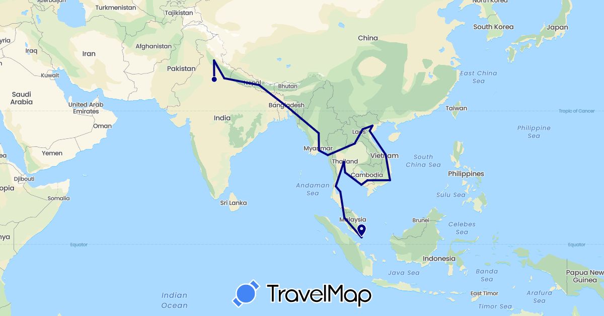 TravelMap itinerary: driving in India, Cambodia, Laos, Myanmar (Burma), Malaysia, Nepal, Singapore, Thailand, Vietnam (Asia)